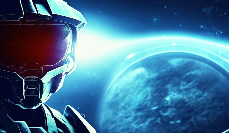 Image similar to cyberpunk halo helmet on space, planet behind, close shot, reflection, epic, dramatic, cinematic, award winning, ultra detailed, realistic, 8k,