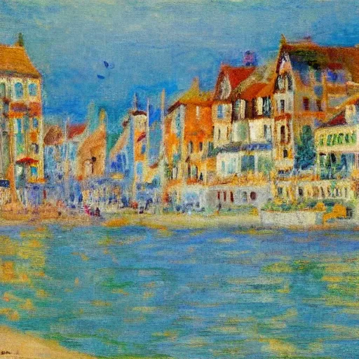 Image similar to a town by the seaside, impressionist