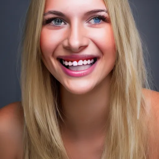 Image similar to a close up portrait of a 23 year old female, dirty blonde hair, perfect teeth, smiling