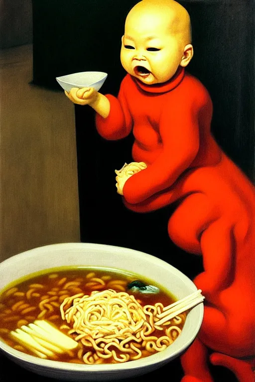 Image similar to evil human giant baby eating a huge bowl of ramen in new york city, traditional chinese restaurant, hauntingly surreal, highly detailed painting by francis bacon, edward hopper, adrian ghenie, gerhard richter, and james jean soft light 4 k,