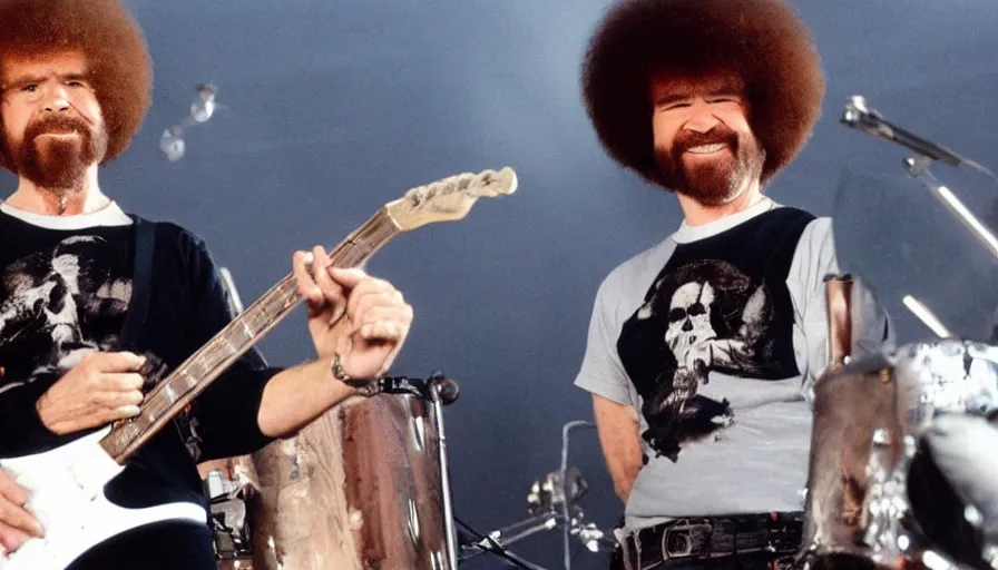 Prompt: Bob Ross performs in a Heavy Metal Band