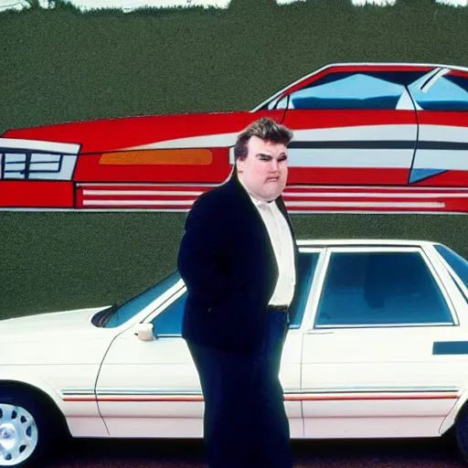 Image similar to John candy standing beside a 1980s American car, portrait, hyperdetailed, hyperrealistic, aesthetic