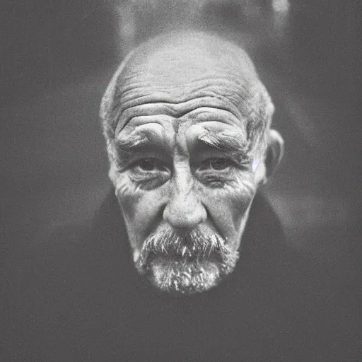 Image similar to Monochrome portrait of an intense old man with facial tattoos on a rainy misty street at night, the only light source is a bright overhead street light, close-up, motion blur, grainy Tri-X pushed to 3200, 24mm tilt-shift, water drops on the lens, holga