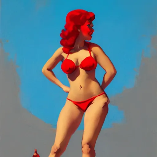 Image similar to pinup of iza in a red bikini thong, artwork by greg manchess, medium shot, asymmetrical, organic painting, sunny day, matte painting, bold shapes, hard edges, street art, trending on artstation, by huang guangjian and gil elvgren and sachin teng