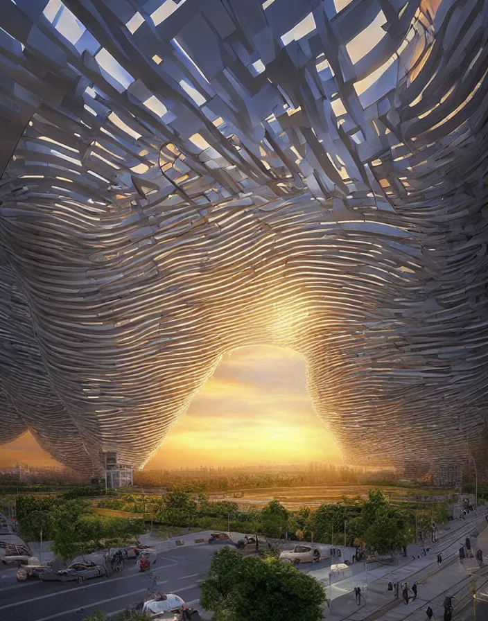 Prompt: vincent callebaut architectures, hyper realistic streetscapes stunning volumetric lighting sunset