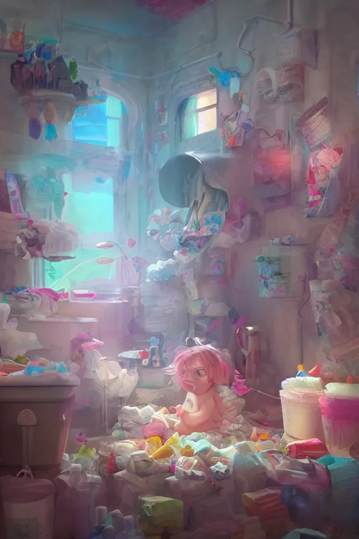 Prompt: Diaper Disposal Factory, Overflowing with Diapers, digital art, fantasy, trending on artstation, professional illustration, cgsociety, ultra detailed, volumetric lighting, celshaded, colorful, girly, lively, cute