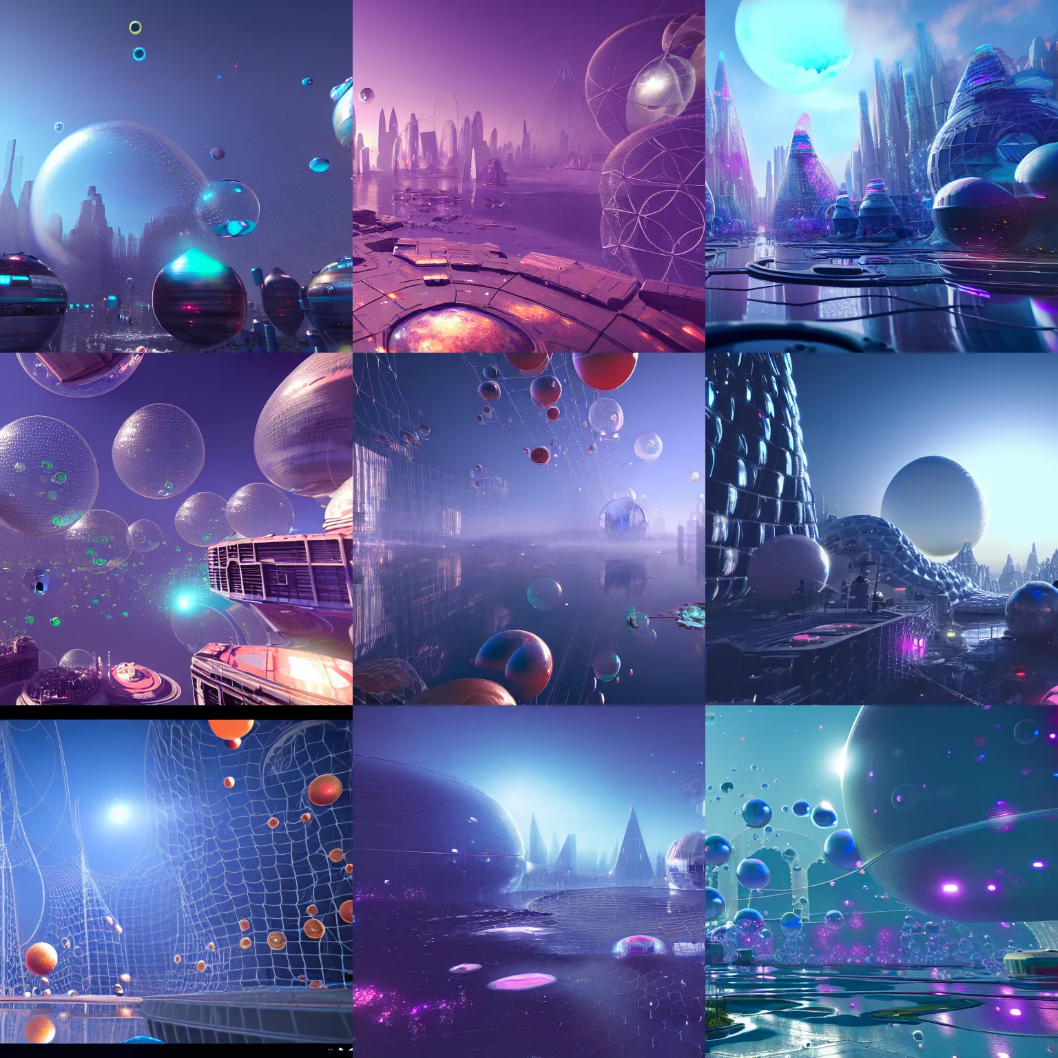 Prompt: giant scifi city under bubbles in the artificial net.art screenshot sea, artstation, ultra detailed, unreal engine 5, photorealistic crippled low-range orbital decay with infinite quantum color palettes and cold colors wide-angle, 8k