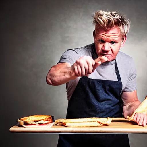 Prompt: Gordon Ramsay making a grilled cheese sandwich, professional still photograph, studio lighting