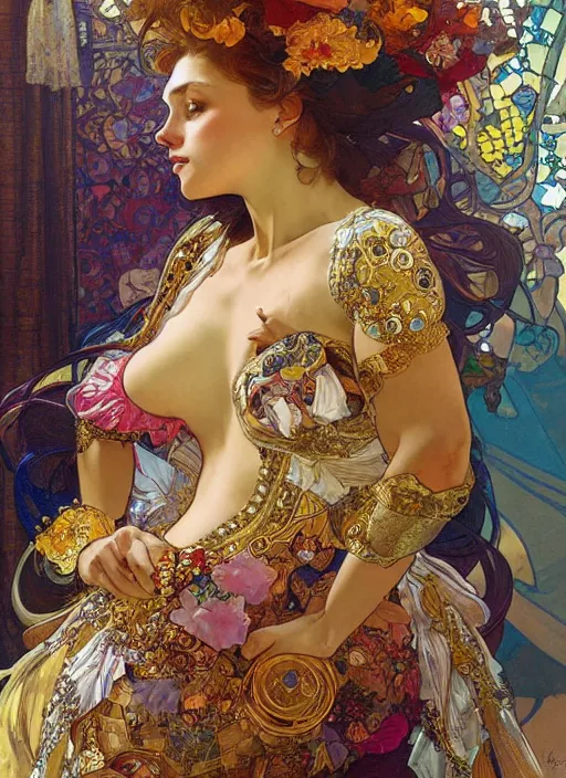 Image similar to an woman in an elaborate and ornate dress lies on a bed of colorful jewels. painting by artgerm and greg rutkowski and alphonse mucha.