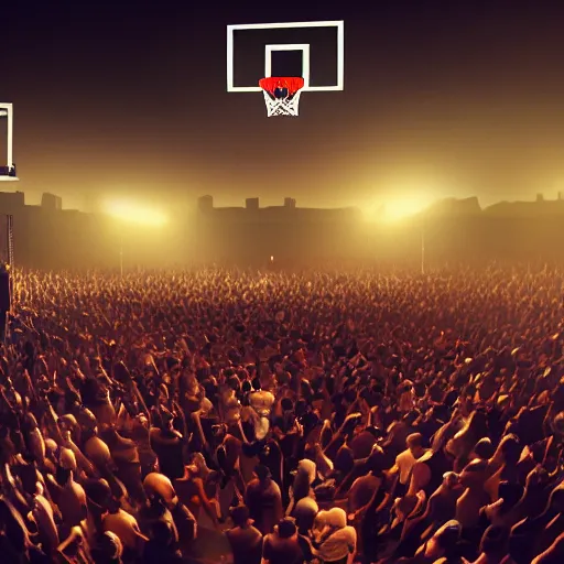 Image similar to photorealistic render of an old school hip hop concert taking place on a basketball court at night behind a large brick apartment from the view of a rapper that is standing on stage yelling into the mic looking out into a crowd of people dancing with their hands in the air, a dj with audio equipment at the back of the stage, octane render