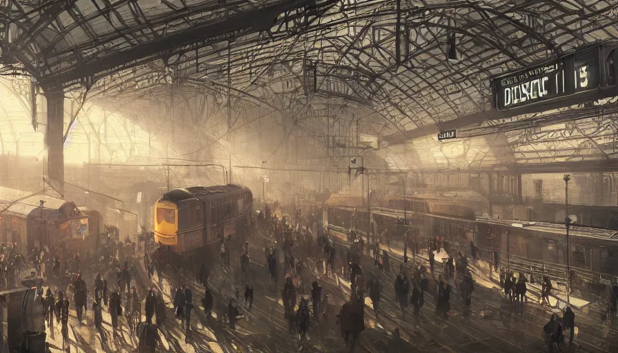 Prompt: Dieselpunk railway station, anamorphic lens, steam, epic composition, diesel trains, intricate, elegant, volumetric lighting, digital painting, highly detailed, artstation, sharp focus, illustration, concept art, ruan jia, steve mccurry