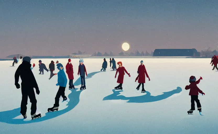 Prompt: ice skating on a frozen lake scene illustration by atey ghailan and escher and edward hopper