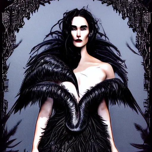 Image similar to jennifer connelly as odile the black swan, gray skin, disney villain, black feathers instead of hair, black feathers growing out of skin, losing control, black feathers growing out of face, black hands with black claws, gothic, highly detailed, comic book cover, mike mignogna, david mack, trending on artstation