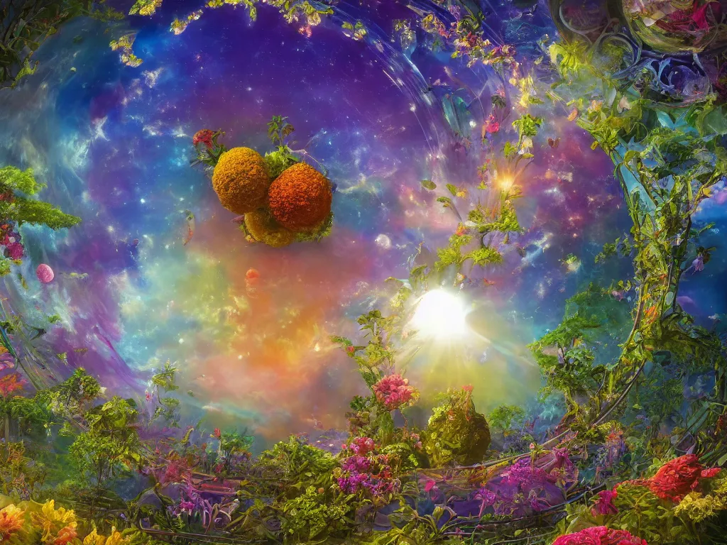 Image similar to the universe is a spheroid region 7 0 5 meters in diameter, kauai springtime, sunlight study, art nouveau, by rachel ruysch and ( ( ( ( ( lisa frank ) ) ) ) ) and ( ( ( ( ( hans zatzka ) ) ) ) ), 8 k, extreme detail, sharp focus, octane render