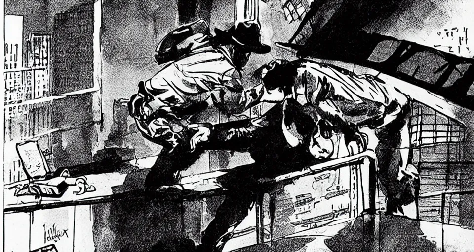 Prompt: a detective interrogating a suspect on the roof of the police station, by frank miller