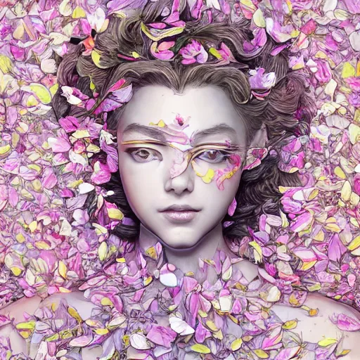 Prompt: the portrait of an absurdly beautiful, graceful, elegant, innocent woman made of petals looking up, an ultrafine detailed illustration by kim jung gi, irakli nadar, intricate linework, bright colors, octopath traveler, final fantasy, angular, unreal engine 5 highly rendered, global illumination, radiant light, detailed and intricate environment