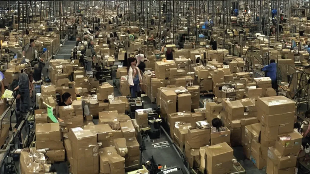 Image similar to Gremlins in Amazon warehouse packaging facility packing Amazon rainforest into Amazon packages, film still from banned media Gremlins 3 New World Order, directed by Joe Dante, Nathan Fielder, Groucho Marx and REDACTED