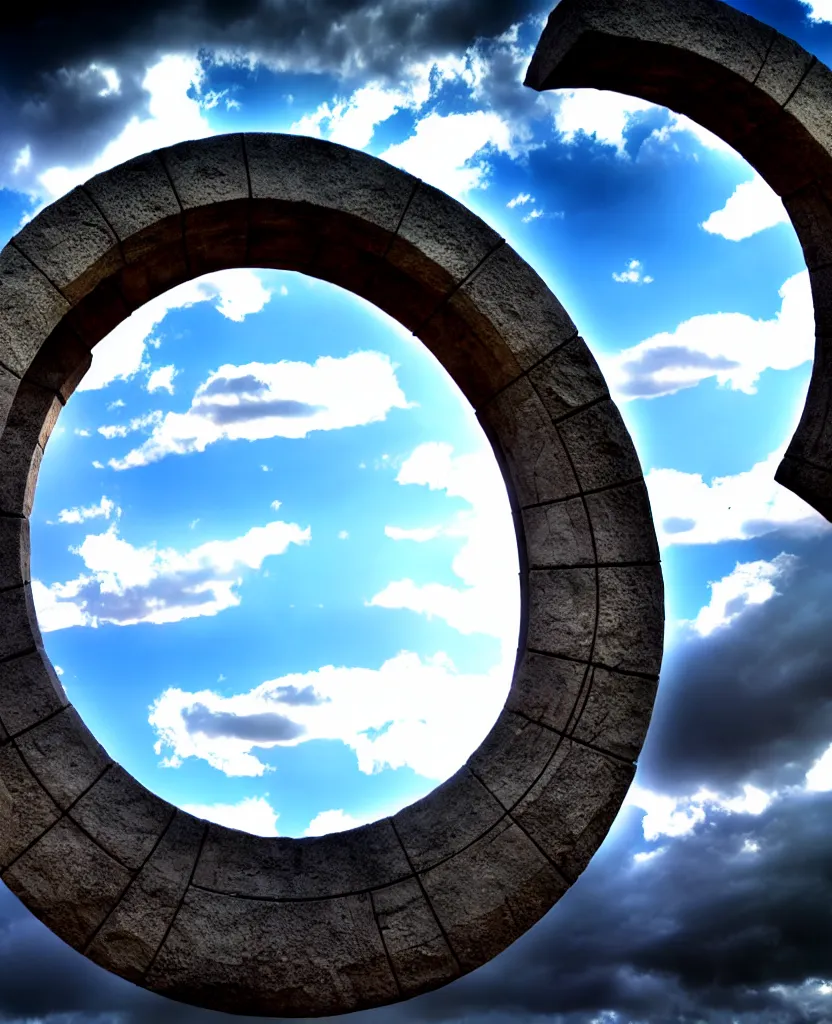 Image similar to stargate made of stone that form a circle, cinematic view, epic sky