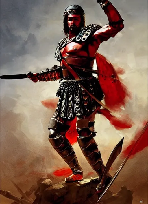 Image similar to muscular roman soldier with sword by simon bisley and greg rutkowski, full body red plate armor! dynamic battle pose, vivid color scheme