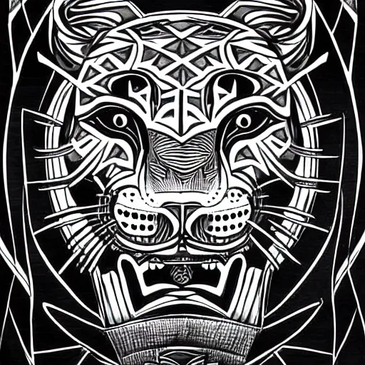 Image similar to jaguar head tattoodesign, geometrical, symmetrical, frontview, black and white, white background. very detailed ink drawing, fine lineart, extremely detailed