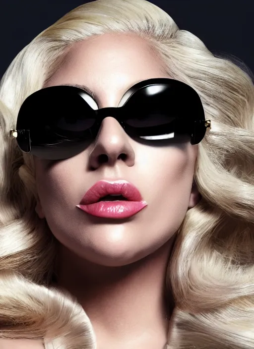 Image similar to lady gaga styled by nick knight posing, born this way 2 0 1 1 album inspired, photohoot, long platinum blonde hair with bangs fringe, versace sunglases, vogue magazine, canon, highly realistic. high resolution. highly detailed. dramatic. 8 k. 4 k.