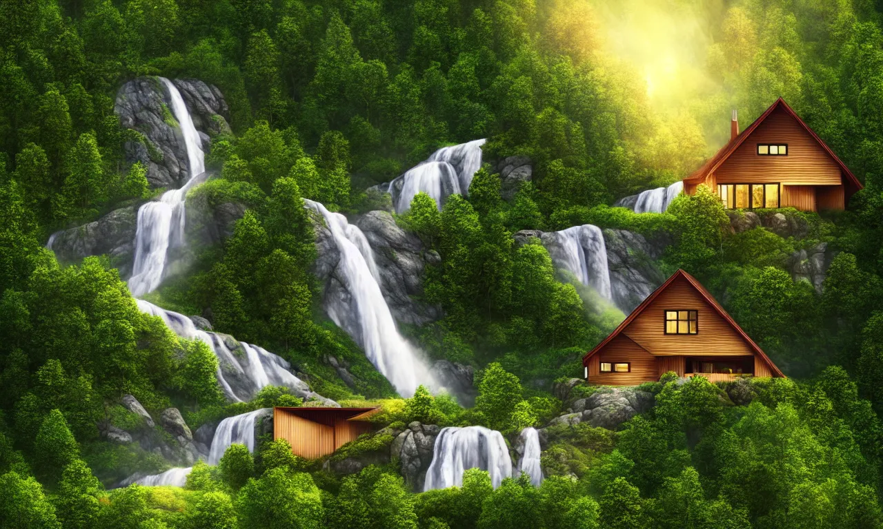 Prompt: scandinavian house in the forest on a hill, by artgerm, vector style, waterfall flows down from the mountain, vector art, fabulous, global illumination, warm lighting