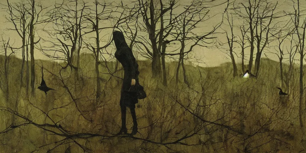 Image similar to the creepy witch with crows, out in the dark woods, a painting by Andrew Wyeth