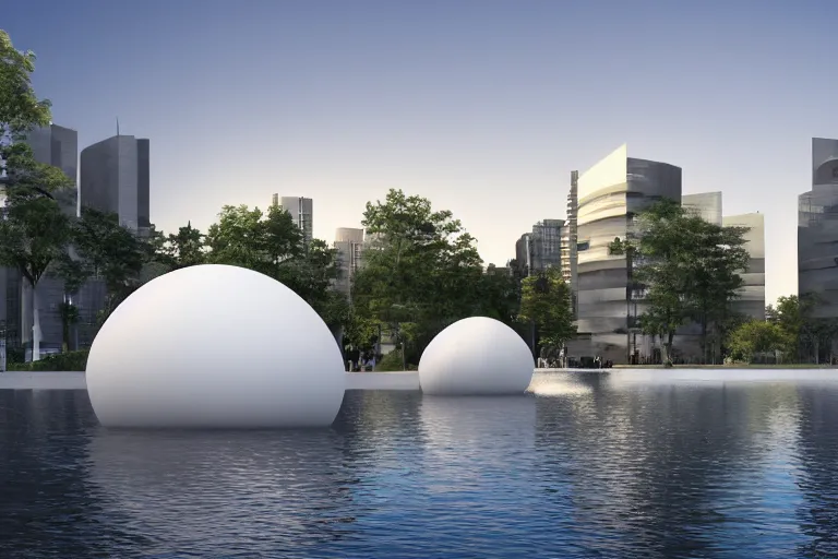 Image similar to a building formed by the intersection and fusion of many white spherical and egg - shaped spaces. on the calm lake, people's perspective modern curved architecture, future, wood, marble, metal award winning, highly detailed 4 k art, dusk, unreal engine highly rendered, global illumination, radial light, internal environment by kazuyo sejima