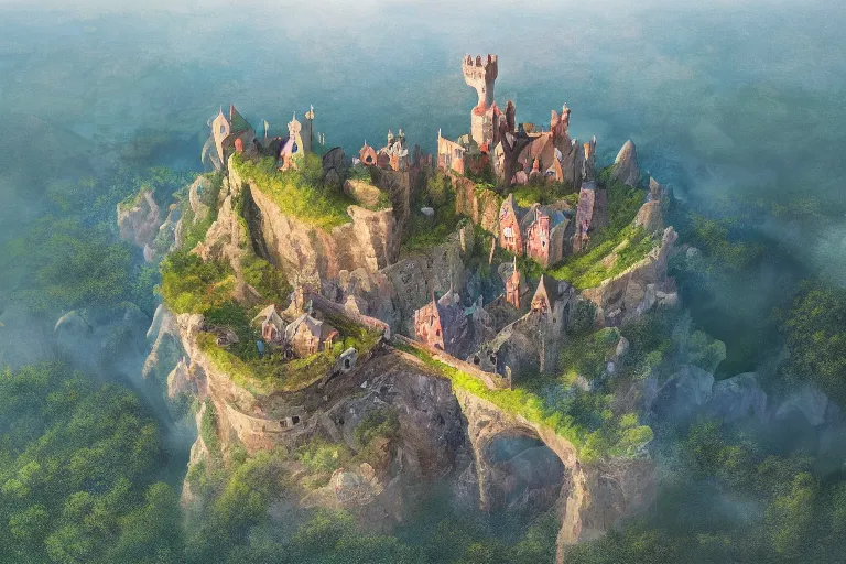 Prompt: an illustration of enchanting castle on top of a cliff, overlooking a beautiful vast landscape by gediminas pranckevicius, aerial view