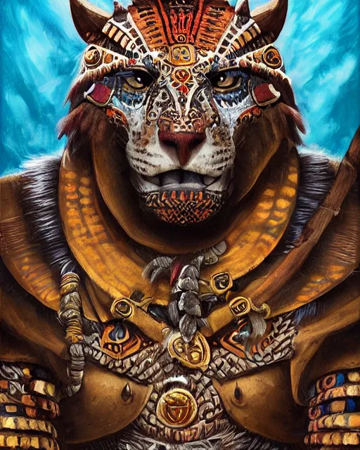 Prompt: digital painting of an aztec jaguar knight by filipe pagliuso and justin gerard, symmetric, fantasy, detailed, intricate, portrait, sharp focus, tarot card, handsome, gwent