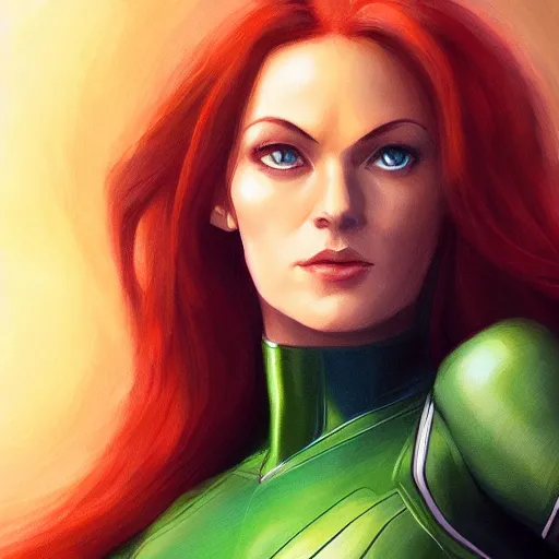 Image similar to jean grey, a half body of jean grey, green eyes, comic, x - men, highly detailed, artstation, symetry, digital painting, vivid colors, realistic shaded perfect face, soft lighting, atmospheric, cinematic, moody, in the style of jim lee, oil on canvas, 8 k