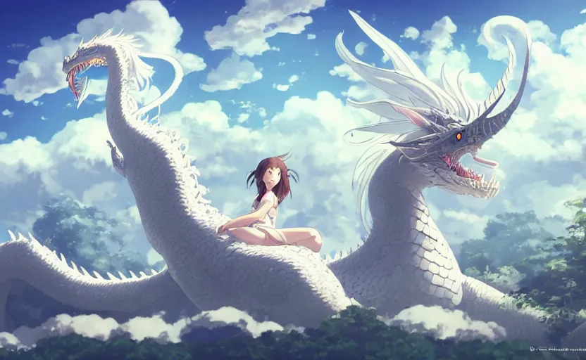 Image similar to a hyper detailed big render that a beautiful girl sitting on the back of a huge silver white dragon alone in fairyland surrounded by white clouds, finely detailed angelic face, style of studio ghibli, makoto shinkai, xision, ilya kuvshinov and artgerm, kazuki tanahashi, james jean, animation style, curve composition, ultra wide angle