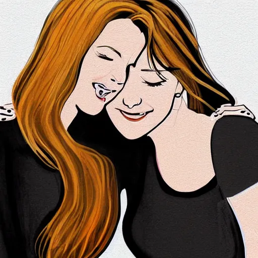 Image similar to two young beautiful blond women, smiling and hugging each other, digital art, illustration