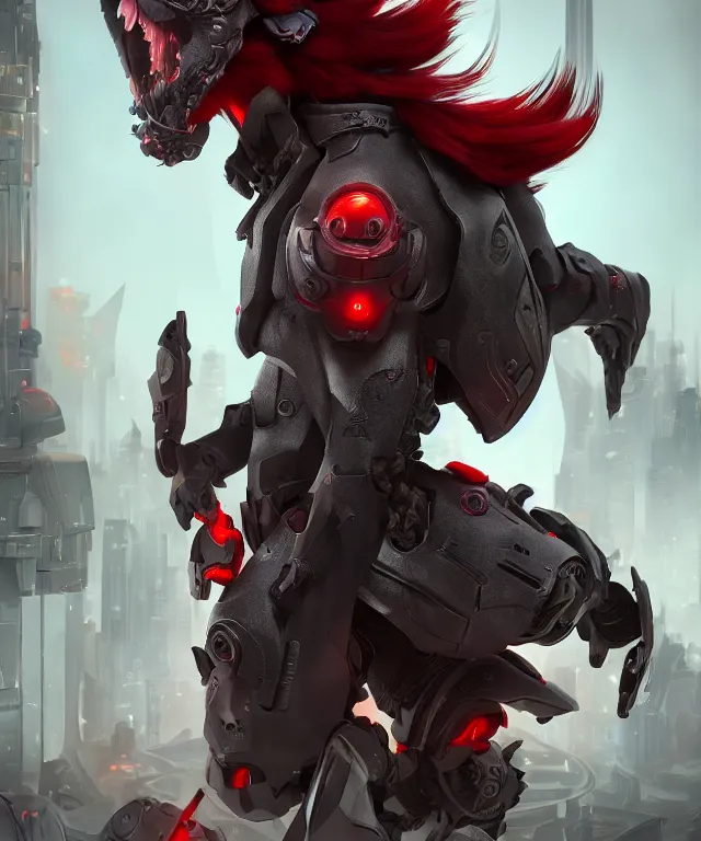 Image similar to portrait of a male anthropomorphic dark gray wolf with red hair in a futuristic city, hyper detailed, digital art, trending in artstation, cinematic lighting, studio quality, smooth render, unreal engine 5 rendered, octane rendered, art style by pixar dreamworks warner bros disney riot games and overwatch.