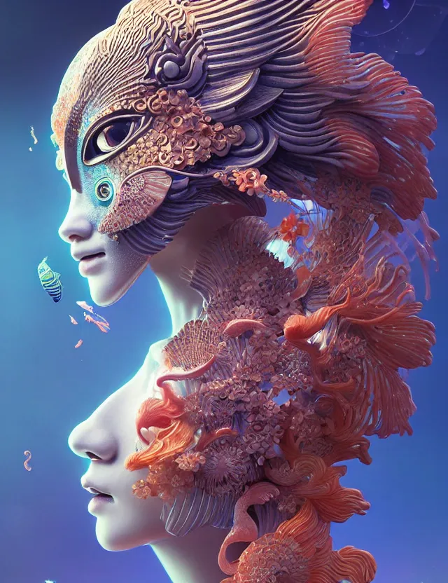 Image similar to 3 d goddess close - up profile portrait. beautiful intricately detailed japanese autumn fox mask and clasical japanese kimono. betta fish, jellyfish phoenix, bio luminescent, plasma, ice, water, wind, creature, artwork by tooth wu and wlop and beeple and greg rutkowski