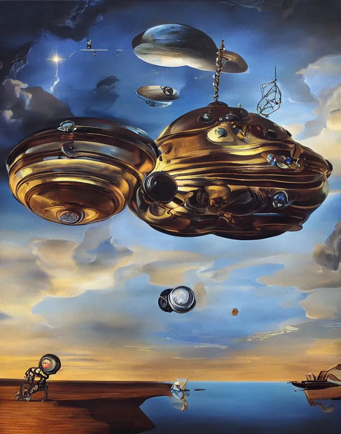 Image similar to Dream Bot Mothership oil painting by Salvador Dalí. Cinematic, hyper realism, high detail, octane render, 8k