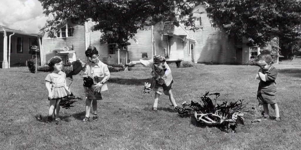 Image similar to two kids playing with lovecraftian toy in their front yard, 1 9 5 0 s picture