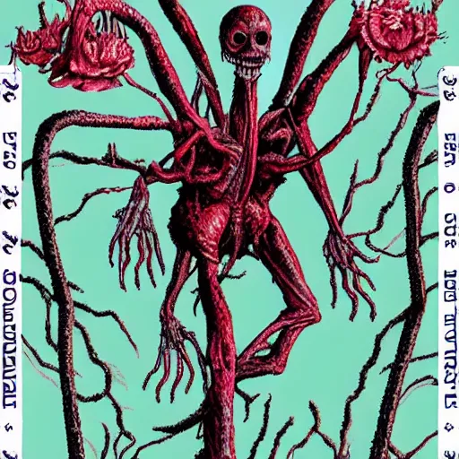 Image similar to ultra realisic creepy long leg monster cover of roten flowers in a dark forest at midnight