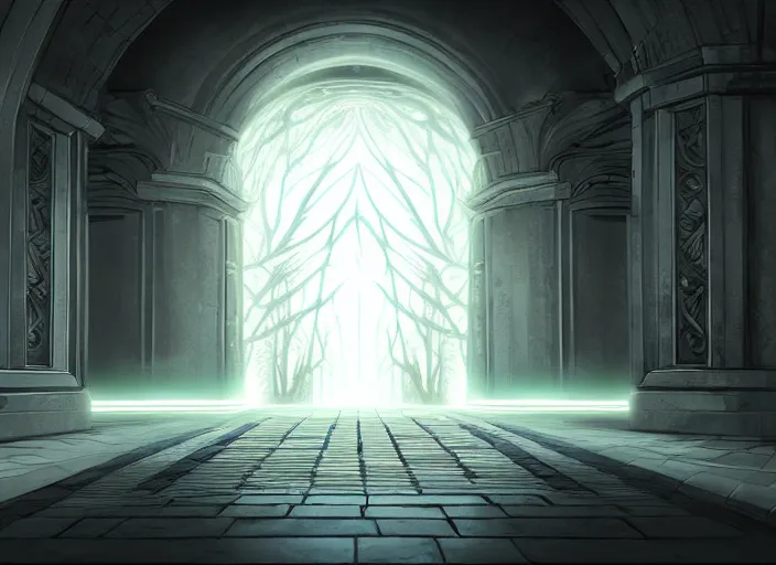 Image similar to entrance to ethereal realm, digital painting, unreal engine, realistic illustration, central composition, symmetrical composition