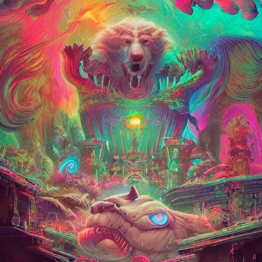 Prompt: neverending - story, critters - movie, color - out - of - space, lisa - frank, satoshi - kon, deathscape, fleshy - surfaces, vivid - colors, fruggles, cinematic - lighting, high - detail, artstation, octane render, 4 k,