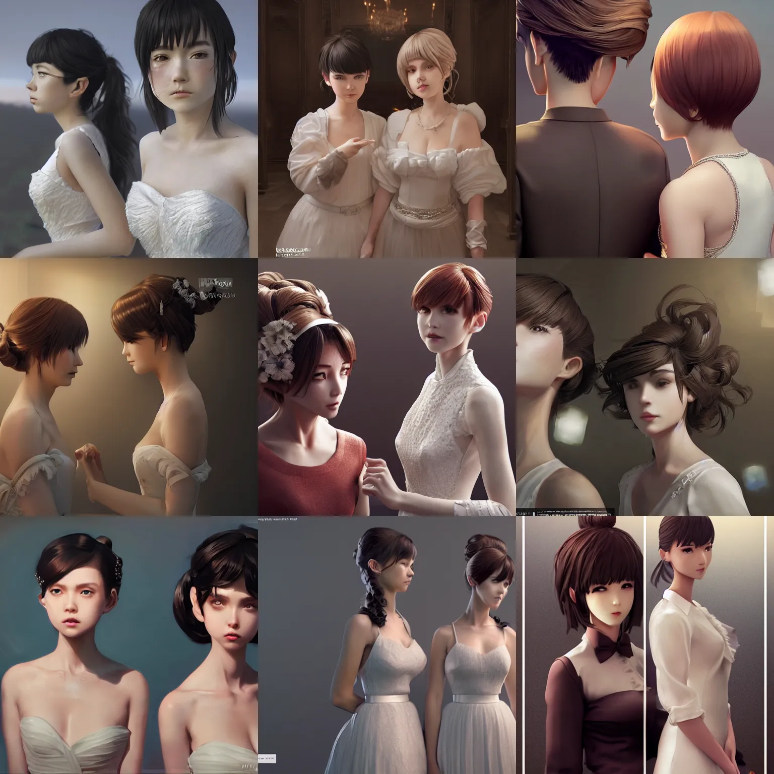 Prompt: worksafe. insanely detailed. by wlop, ilya kuvshinov, krenz cushart, greg rutkowski, pixiv. zbrush sculpt, octane, maya, houdini, vfx. two gorgeous young cg gentle girlish feminine sissy boys with ponytail hairstyle in bridal dress posing together, in luxury advertisement. cinematic dramatic atmosphere, sharp focus, volumetric lighting