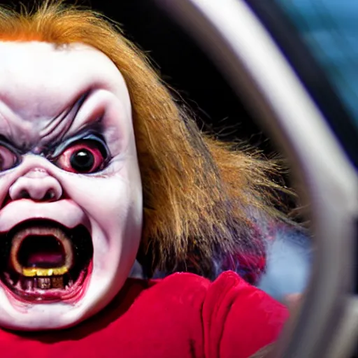 Image similar to a screaming chucky doll in rear view mirror