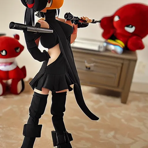 Prompt: cute angry fumo plush with a handgun, firearm, anime girl pointing gun