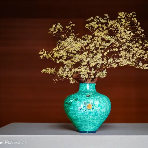 Image similar to a photo of 8k Ikebana in flower vase, ikenobo, ohararyu, sougetsu, wide angle, full body, sony a7r3, ultra detail, photorealistic, in simple background