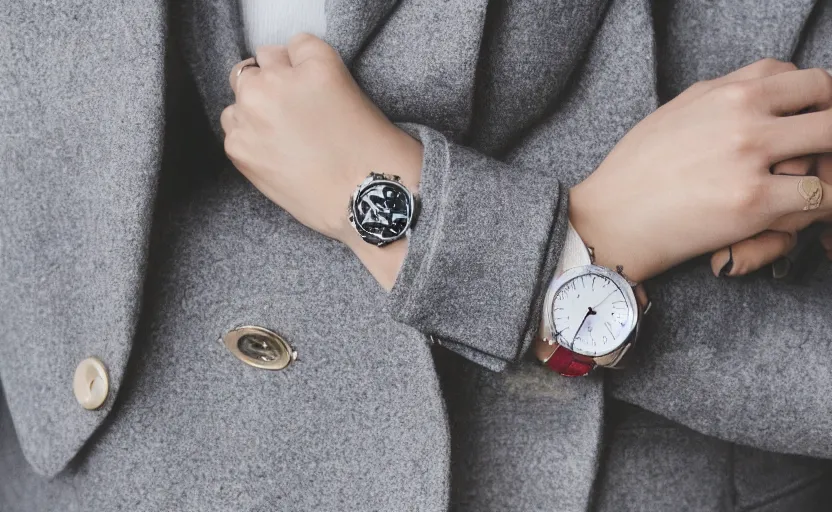 Image similar to omega speedmaster on the wrist of a lady with a wool suit in a cyberpunk city