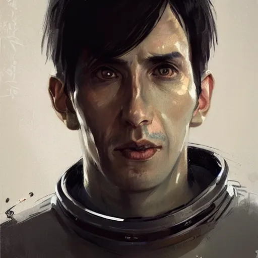 Prompt: portrait of a man by greg rutkowski, he is about 3 0 years old, short black hair with bangs, expression of fear and bewilderment, very tall and slender, he is wearing futuristic space gear, highly detailed portrait, digital painting, artstation, concept art, smooth, sharp foccus ilustration, artstation hq