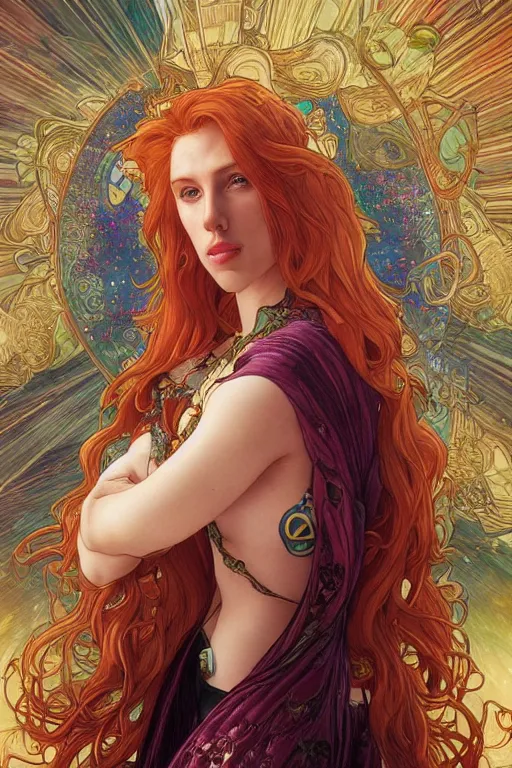 Image similar to celestial anthropomorphic irish setter scarlett johansson, by artgerm and yoshitaka amano and moebius and alphonse mucha, hyperdetailed, dc comics, ornate, nebula, explosions in the sky, trending on artstation