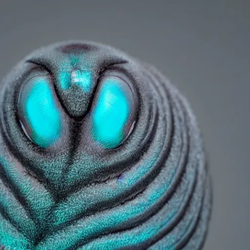 Image similar to studio photograph of a matte gray catterpillar with a neon blue head