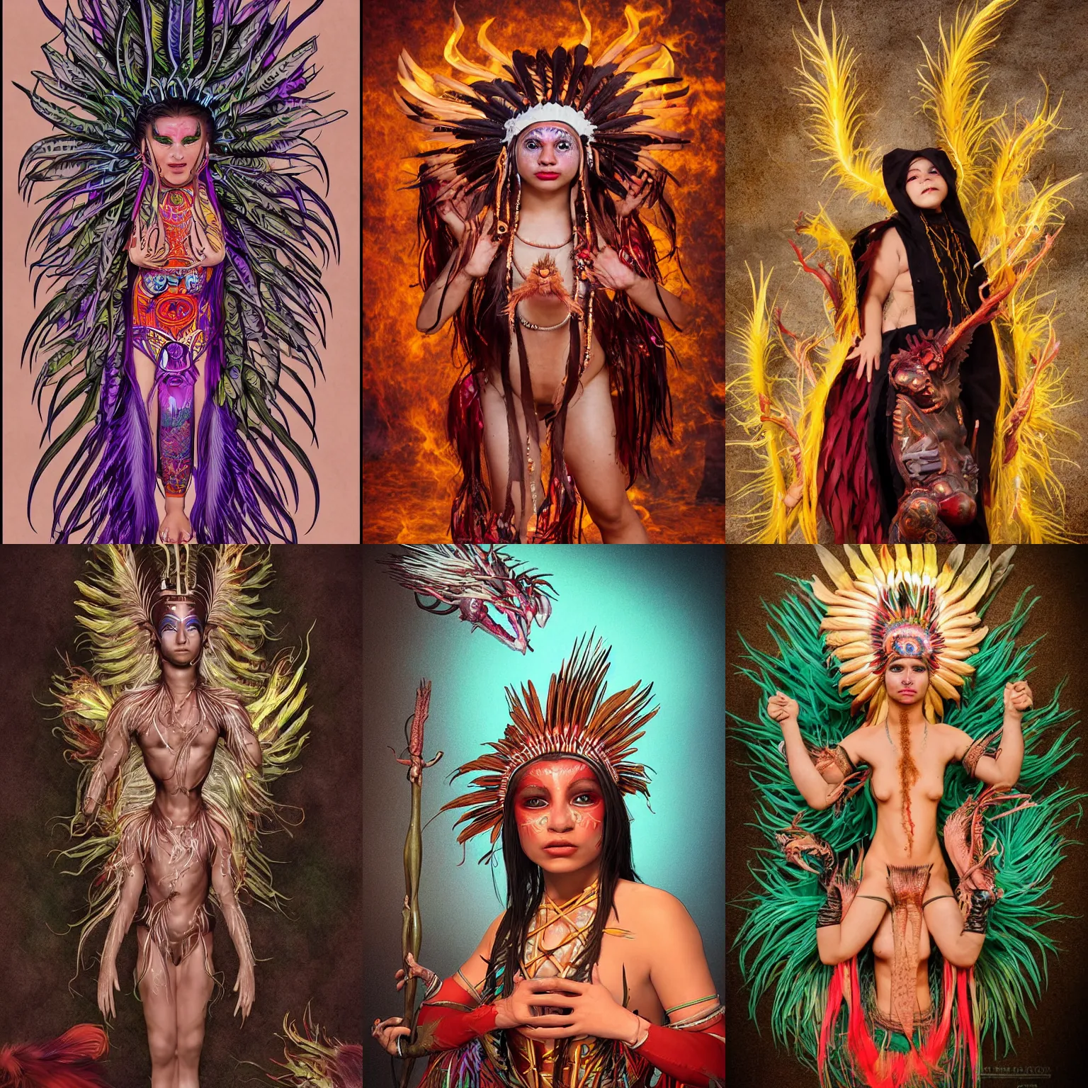 Prompt: cuaxolotl, is a beautiful young indigenous mexican woman, she appears as the fire goddess and the fertility goddess. a a beautiful young indigenous mexican princess. shiny quetzal feathers, techno artwork, vesalius anatomy, rubberhose animation character style, jordan matter dance photography, dressed as a catholic nun