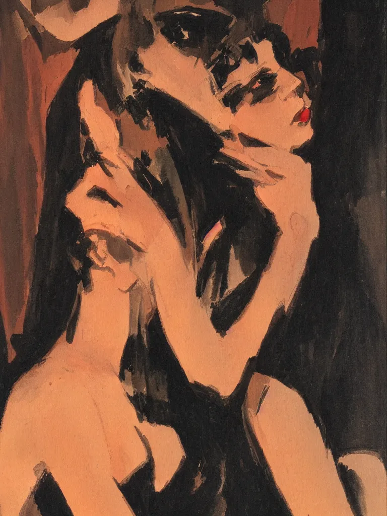 Image similar to portrait profile of one mysterious dark beautiful women in 1 9 7 8, femme fatale, oil painting by john watkiss